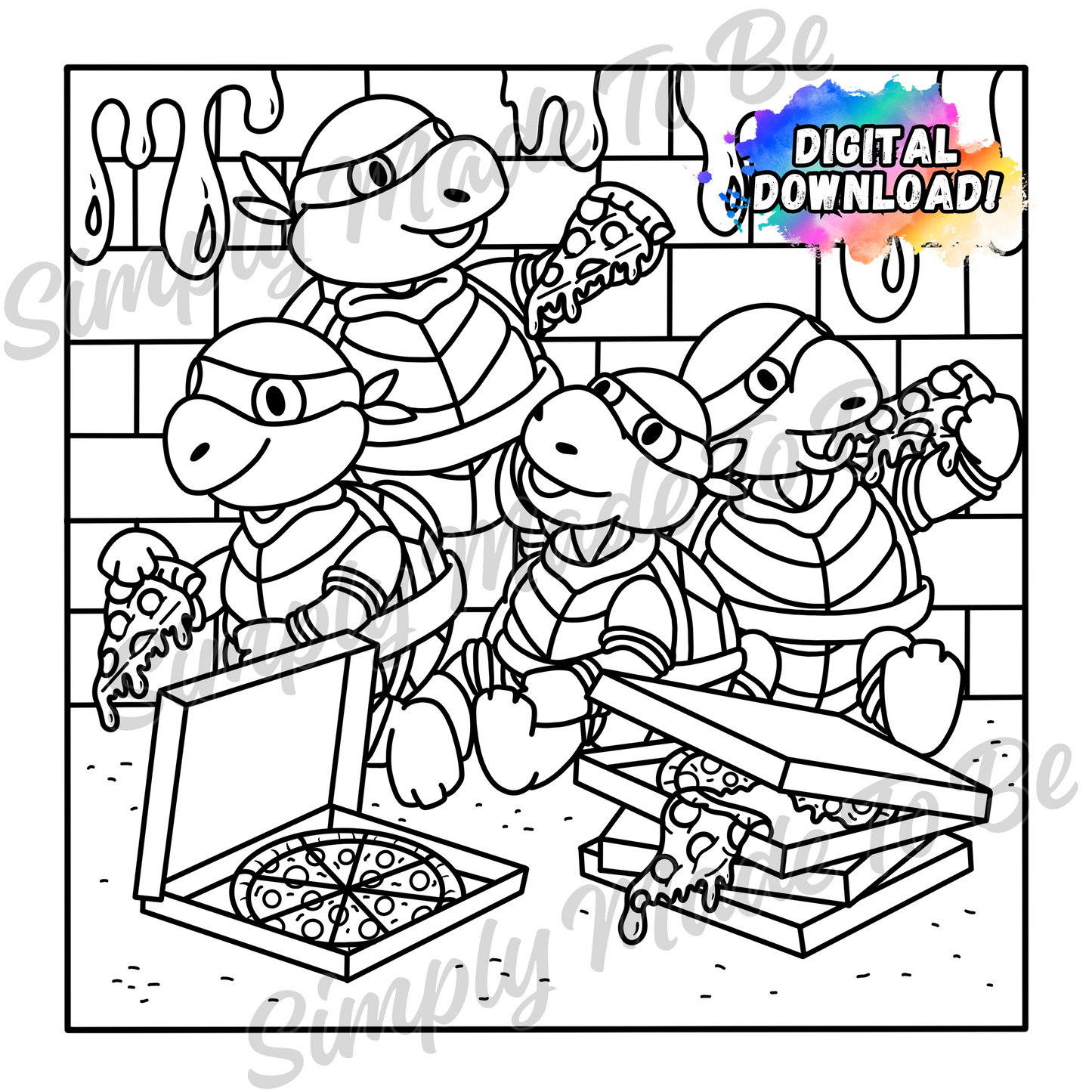 Pizza Turtles Coloring Page - Digital Download